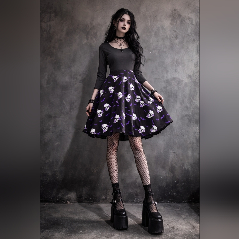 Whimsigoth Black and Purple Skull Print Dress